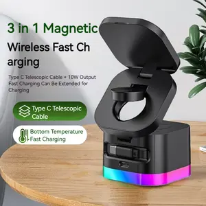 3-in-1 Magnetic Wireless Charging Station for iPhone, Apple Watch & AirPods, 40W Fast Charging with Type-C Retractable Cable, Anti-Slip Base, RGB Ambient Light, Foldable Nightstand Charger for Travel, Desk, Dorm – Back to School Gift Ideas for Men & Women