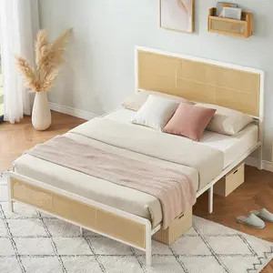 Full Bed Frame with Metal Rattan Headboard and Footboard, Full Size Platform Bed Frame, Heavy Duty Metal Platform Bed Frame, No Box Spring Needed, Bohemian Style (White & Oak, Full)