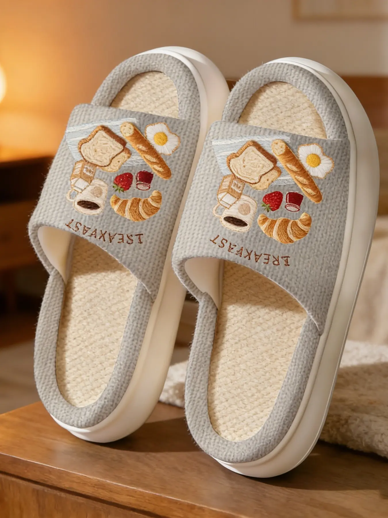 Breaststroke Embroidered Linen Slippers, Waffle Pattern Breathable Design, Japanese Style Cozy Daily Wear Thick Sole Home Slippers