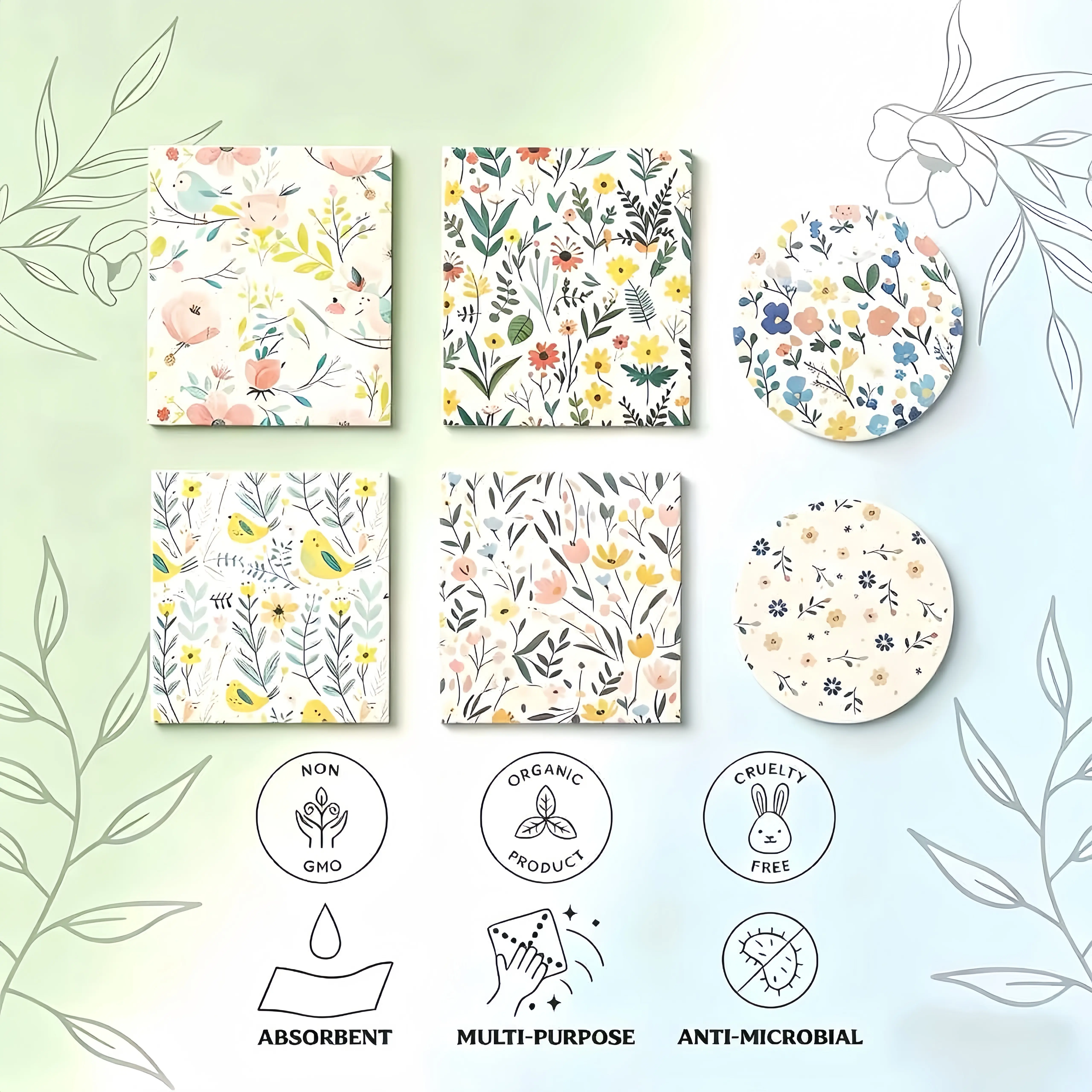 6-Piece Swedish Dishcloth Towel Set, Absorbent Machine-Washable Non-Woven Wood Pulp Cleaning Cloths, Long-Lasting Floral Bird Design for Kitchen Home Care Supplies, Absorbent Kitchen Towels