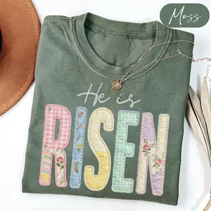 Faux Patchwork He Is Risen Shirt, Retro Quilted Christian Easter Tee, Christian Easter T-Shirt