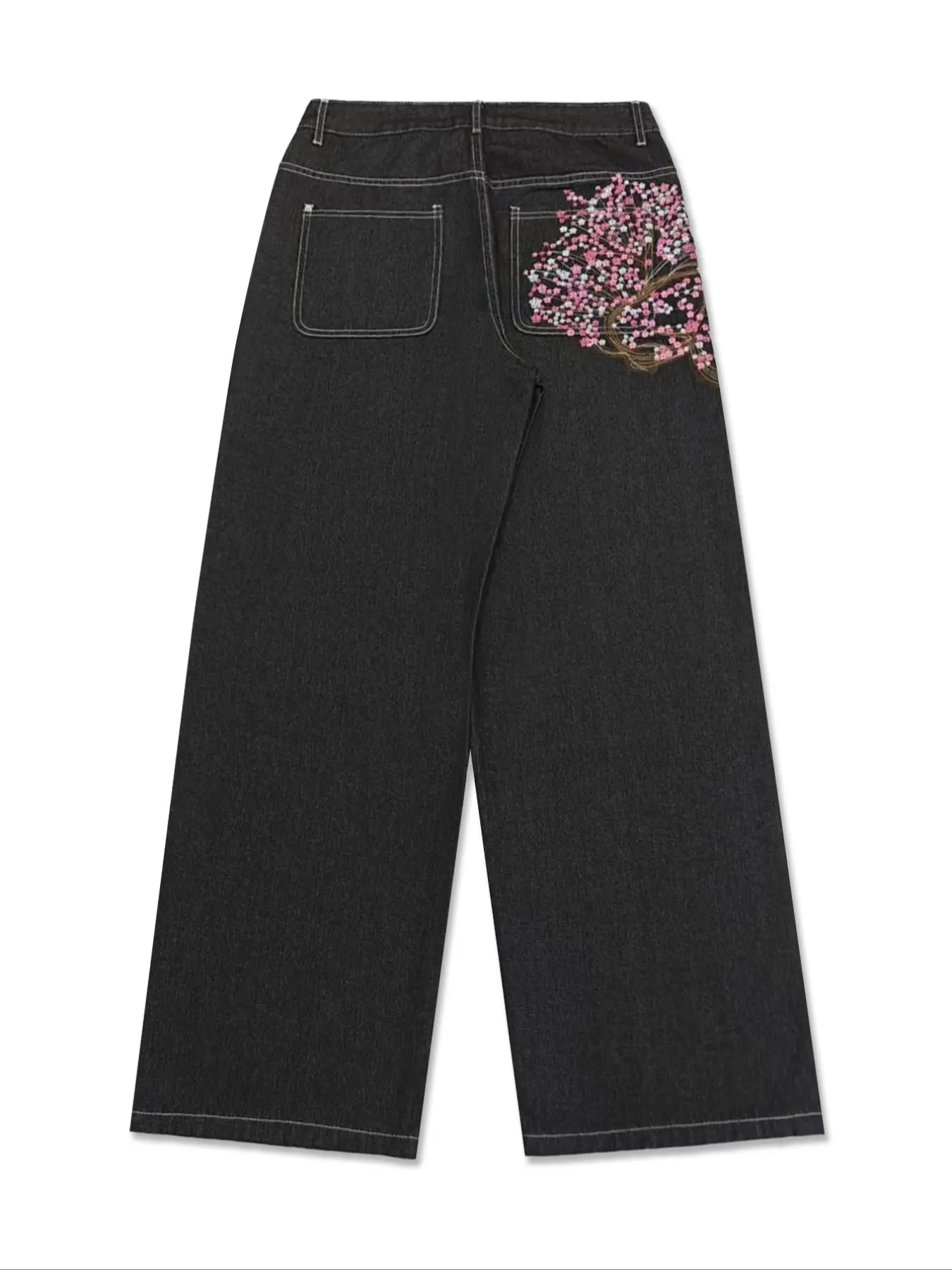 Men's Vintage Y2K Style Loose Wide Leg Denim Jeans, Floral Sakura