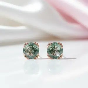 1.0 Ct 6mm Round Cut Moss Agate Claw Prongs Studs Earrings