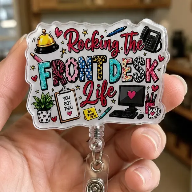 Funny Badge Reel - Glossy Finish Mixed Patterns Retractable Clip Acrylic ID Holder with Snap Strap, Front Desk Associate Hotel Reception Staff Gift, Multi-Size Office Identification Supply