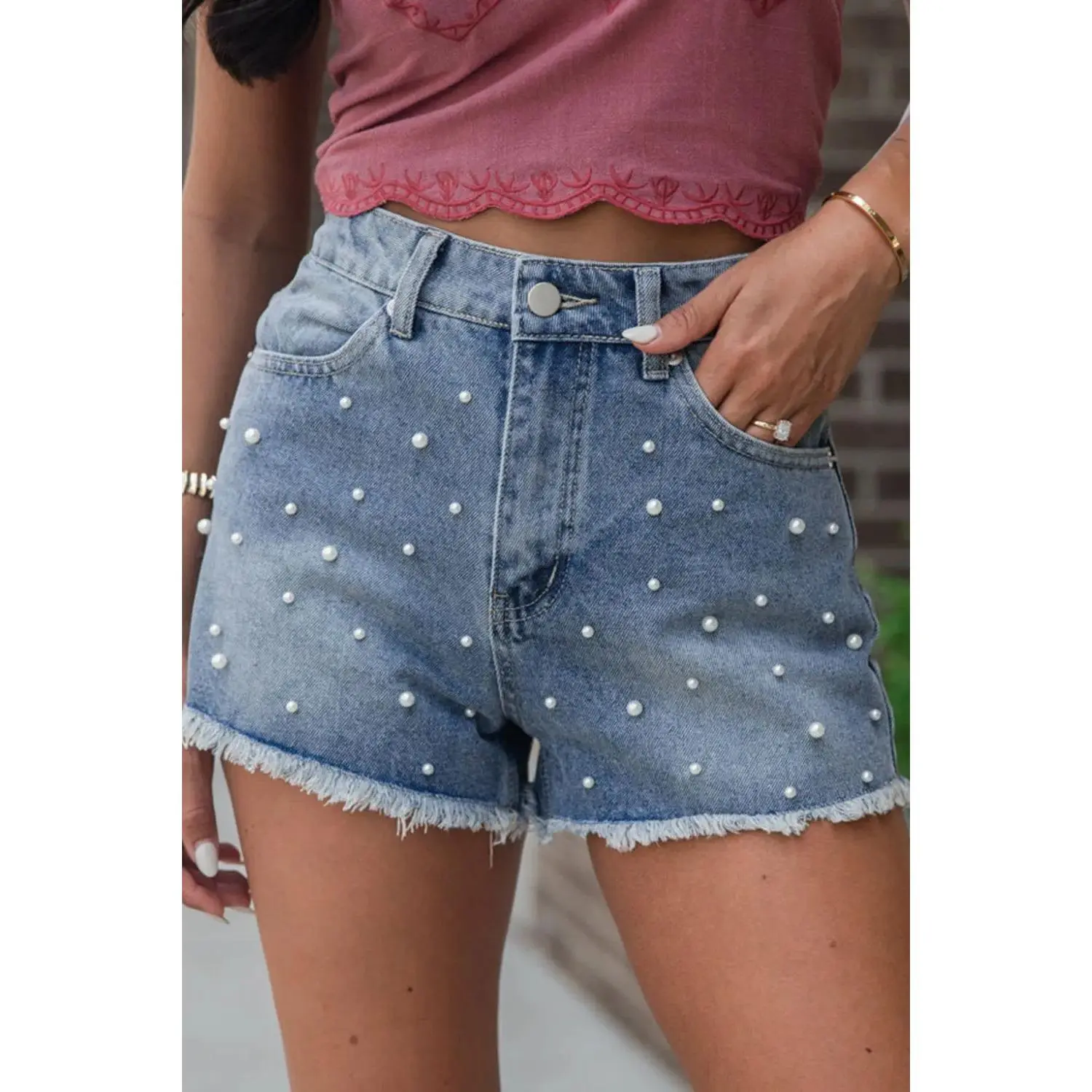 Pearl Beaded Raw Hem Wash Denim Shorts