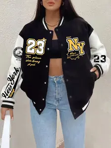 Women's Fashion Letter Print Casual Knit Baseball Jacket, Patchwork Design with Button Details, Long Sleeve, Perfect for Fall & Spring