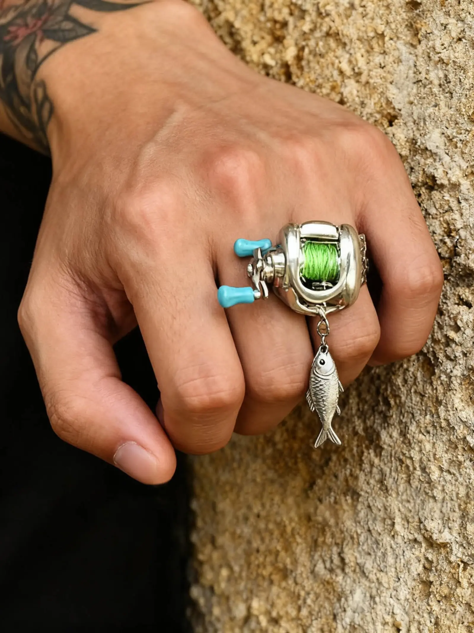 Mini fishing reel ring jewelry, realistic spinning reel design, portable accessory, birthday gift, men's ring, with fish-shaped pendant, fishing reel theme, Stainless Steel Ring, Jewelry Rings