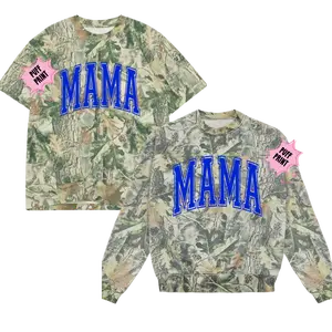 Camo Mama Puff Print T-shirt or Sweatshirt with Bold Blue Lettering and Camouflage Design