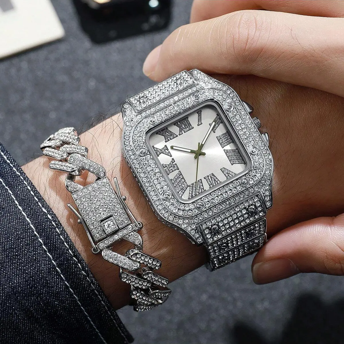 MaxBling81 Men's Hip Hop Watch and Cuban Link Chain Bracelet Set, Iced Out Silver-Plated Quartz Timepiece, 40mm Rectangle Face with Removable Links, Batteries, Hip Hop Look, Adjustable Links