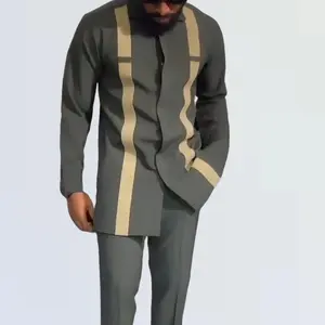 Men's Green Striped Two-Piece Outfit with Classic Collar, Button Up Shirt and Drawstring Trousers for Street, Dates, Parties, and Weddings - Menswear