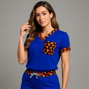 Delta Women Scrub Top Vibrant maroon scrub set with traditional patterned Accents