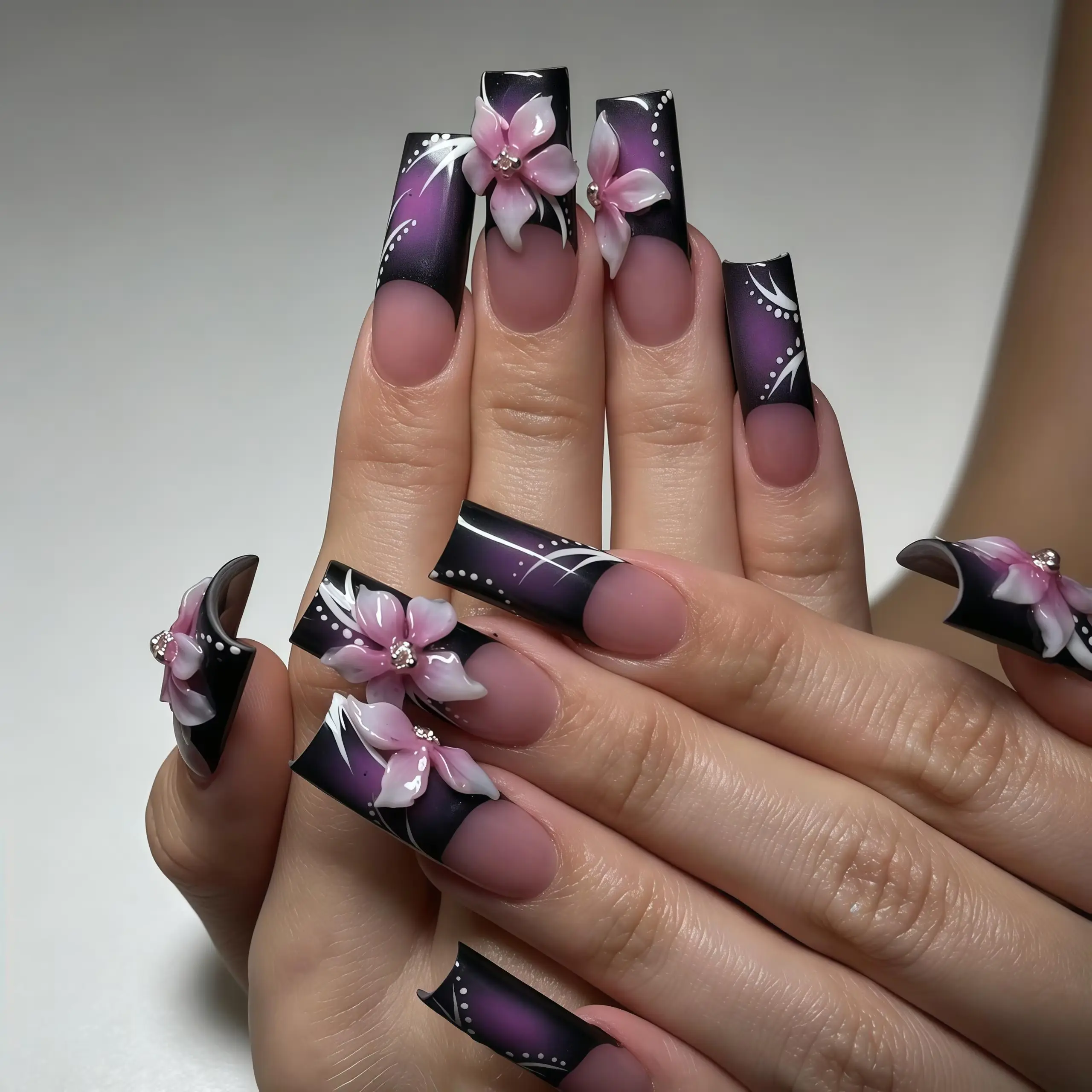 Custom Black Purple Gradient 3D Flower Press on Nails, Gothic Floral Square Fake Nails, Cool Matte Reusable Glue On Nails