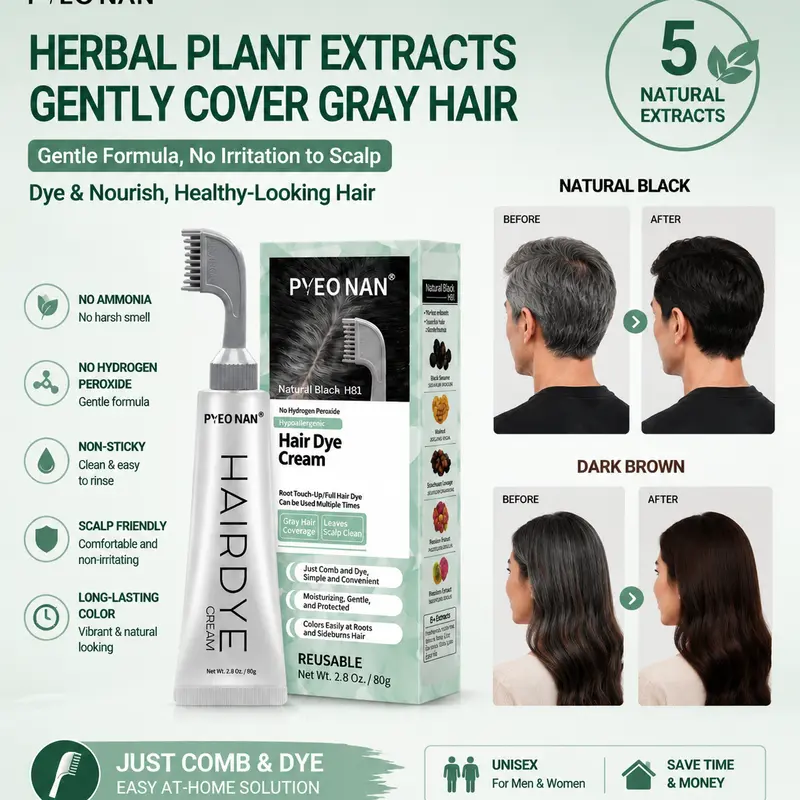 Unisex Plant-Based Hair Dye Cream Kit with Comb Applicator, Ammonia-Free Gentle Safe Formula, No Harsh Chemicals, Gray Coverage, Natural Finish, Easy DIY Coloring, Includes Patch Test Note (Ash Brown, Blonde Balayage Options)