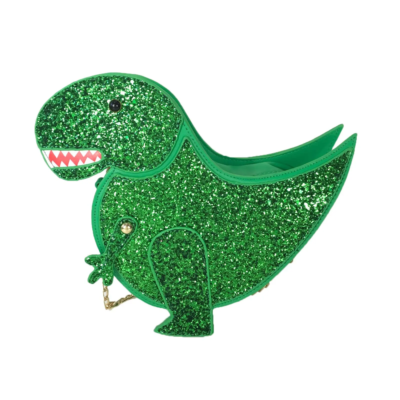 Fashion Culture Women's Chic Glitter Green Crossbody Bag, Ferociously Cute T-Rex Shape Statement Figure for Day/Night, Fun Look, Crossbody Purse, Purses Crossbody Bag