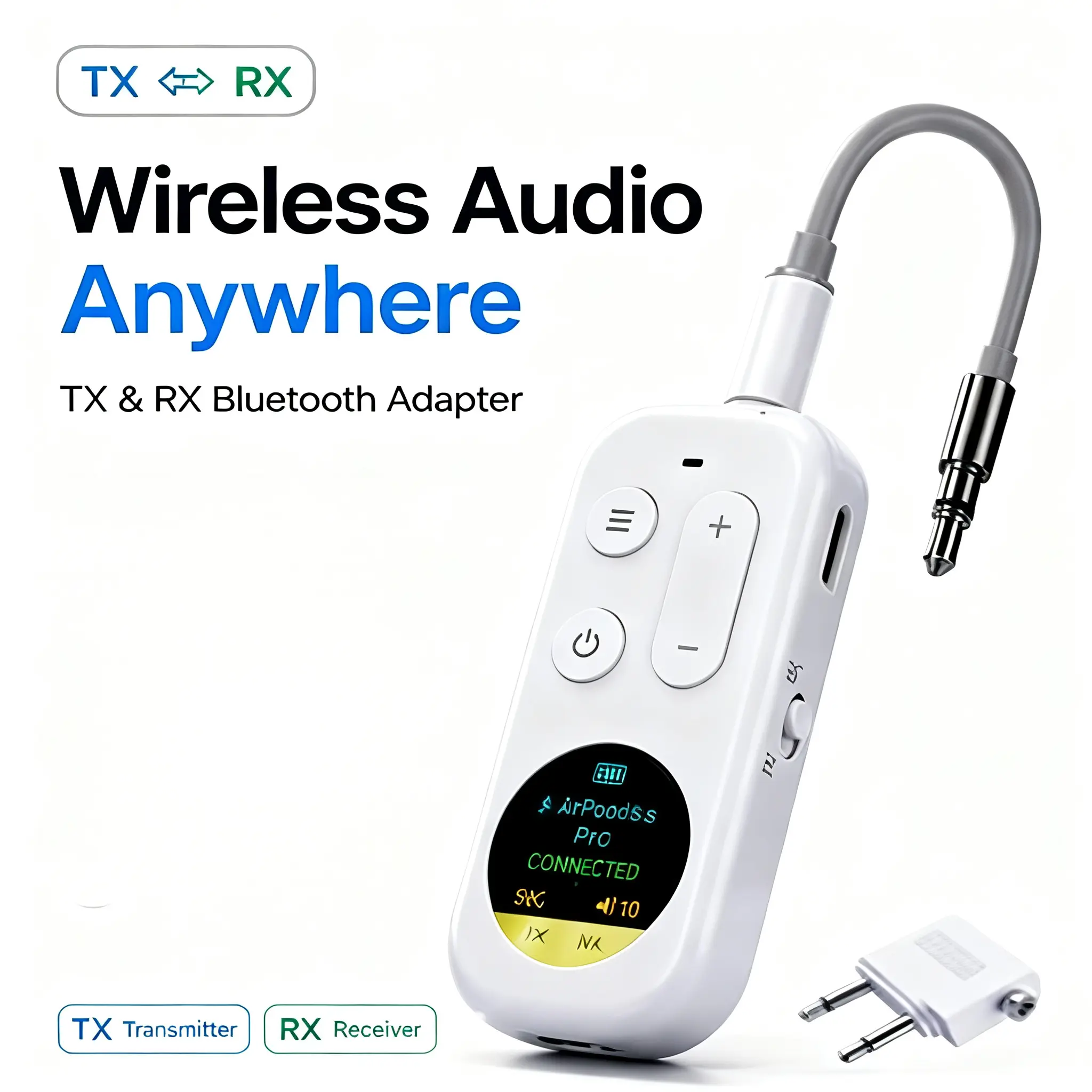 2-in-1 Wireless Audio Adapter Gadget - Bluetooth 5.4 3.5mm Transmitter Receiver with Color LCD Screen, Audio Accessories for TV, Flight, Vehicle Accessories, Manufacturer Warranty