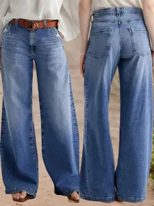 Deep Blue Denim Jeans, Loose Fashion High Waist Wide Leg Jeans, Casual Style, All Seasons, Women's Clothing, Pants