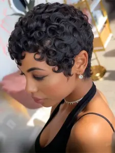 Pixie Cut Wigs for  Women Curly Pixie Cut Wig Human Hair  Short Layered Wigs With Bangs Natural Black Color Curly Bob Wigs