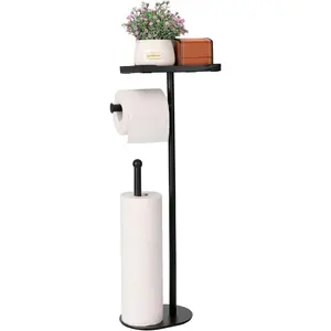 Free Standing Toilet Paper Holder Stand with Phone Shelf, Holds 5 Paper Rolls, Black Tissue Roll Holder for Bathroom, Sturdy Engough for Potted
