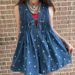 Lana Front Pleated V Neck Sleeveless Denim Romper - Polka Dot, Pink, Blue, Charcoal, Or Cheetah