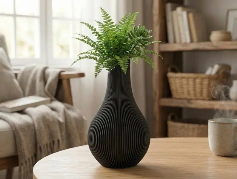 Japandi Ribbed Vase | Minimalist Architectural Home Decor | Modern Tabletop Accent for Shelf or Centerpiece
