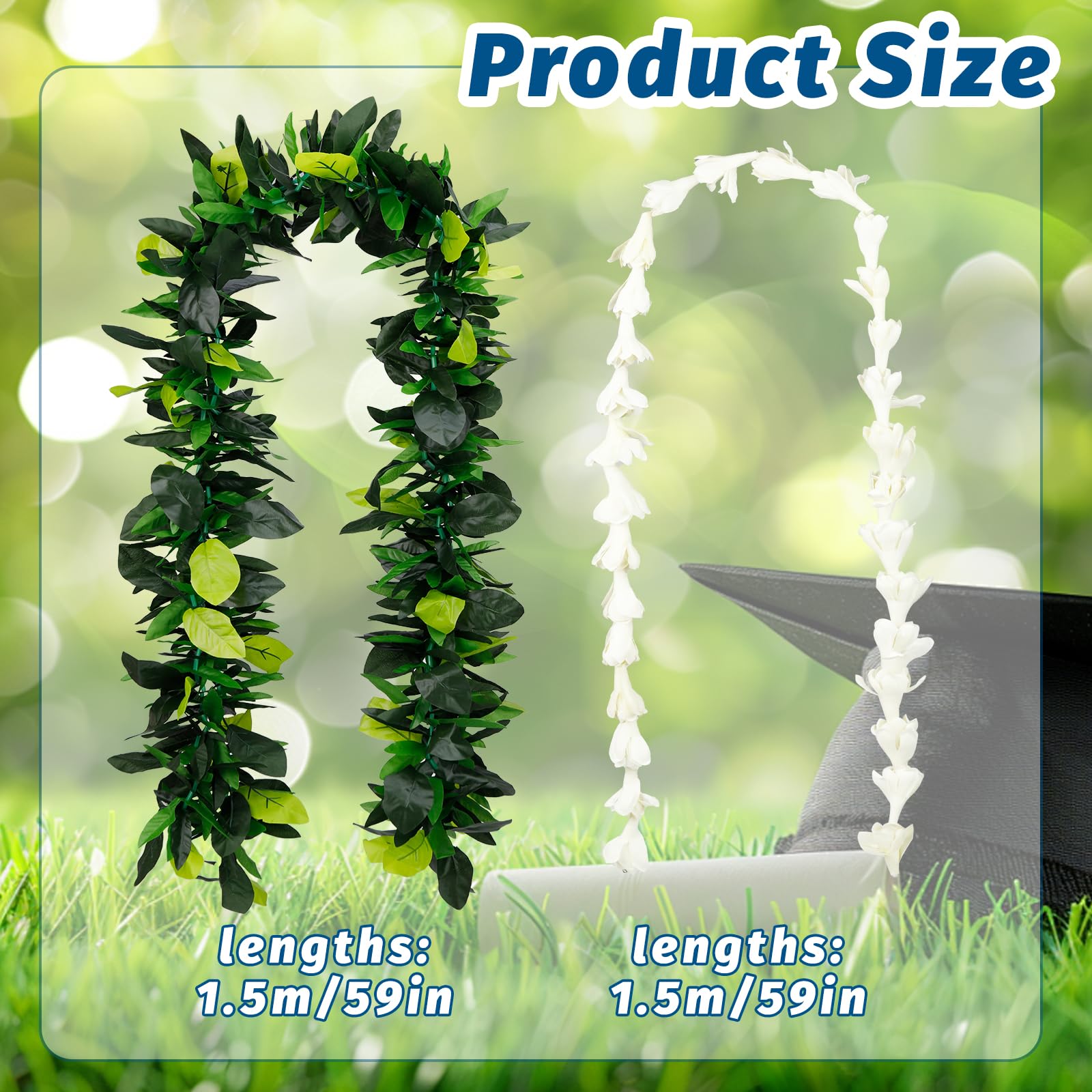 ONERIR 2 Pack Hawaiian Maile  White Tuberose Graduation Leis 6.56ft Artificial Leaf Flower Necklaces for Luau Wedding Aloha Summer Party School Ceremony  Class of 2026 Graduation Gift