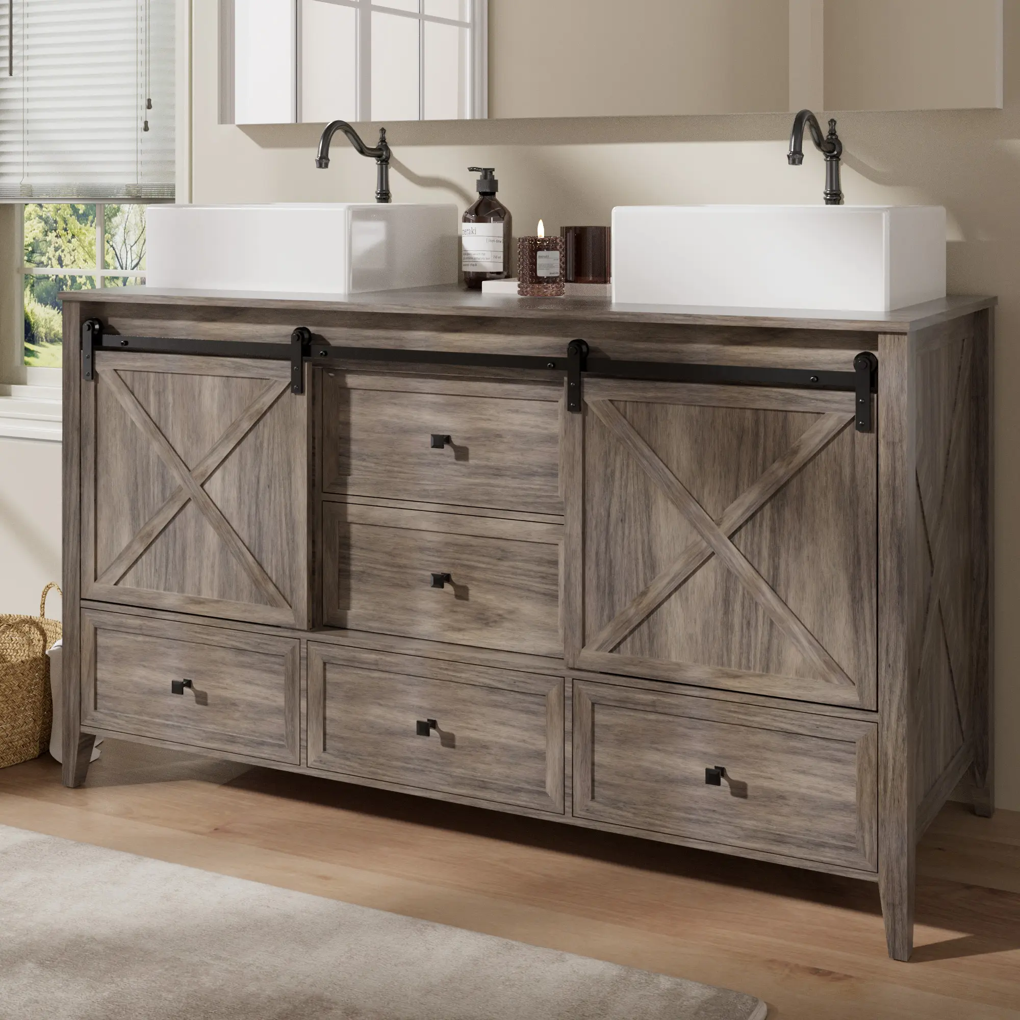 VNN Bathroom Vanity with Sink - 60 Inch Bathroom Vanity Double Sink Ceramic, Freestanding Cabinet with 2 Farmhouse Sliding Barn Doors and 5 Drawers, Space-Saving Storage Cabinet, Grey Wood Grain