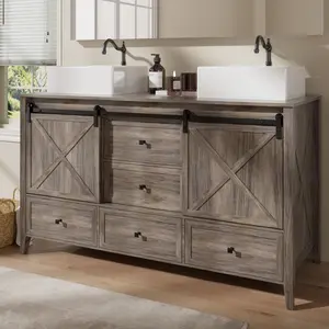 VNN Bathroom Vanity with Sink - 60 Inch Bathroom Vanity Double Sink Ceramic, Freestanding Cabinet with 2 Farmhouse Sliding Barn Doors and 5 Drawers, Space-Saving Storage Cabinet, Grey Wood Grain