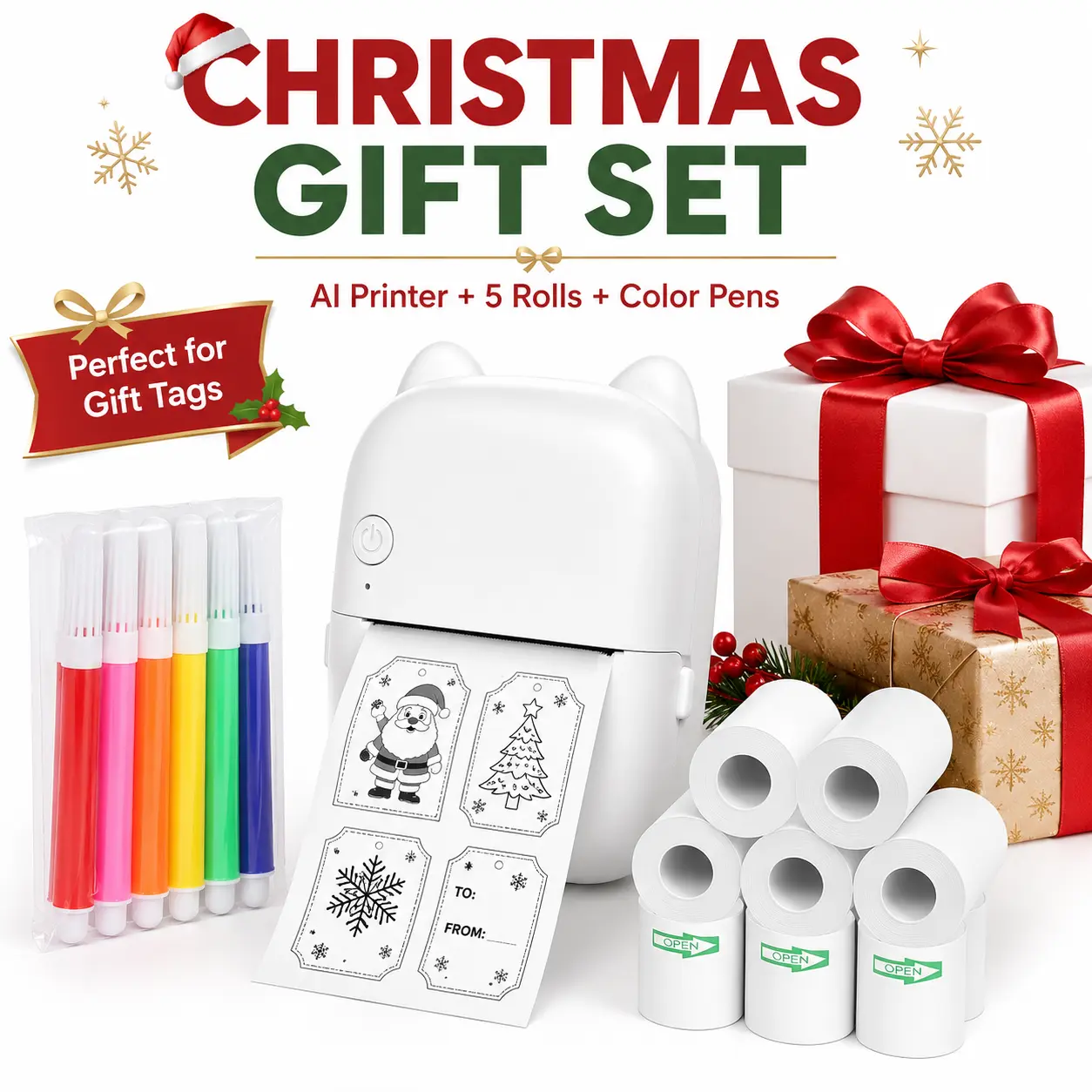 EFFUN AI Voice Mini Printer for Kids, Christmas Gift Tag & Sticker Printer with 5 Thermal Paper Rolls & Color Pens, Wi-Fi AI Drawing Label Maker for Holiday Crafts & Gifts