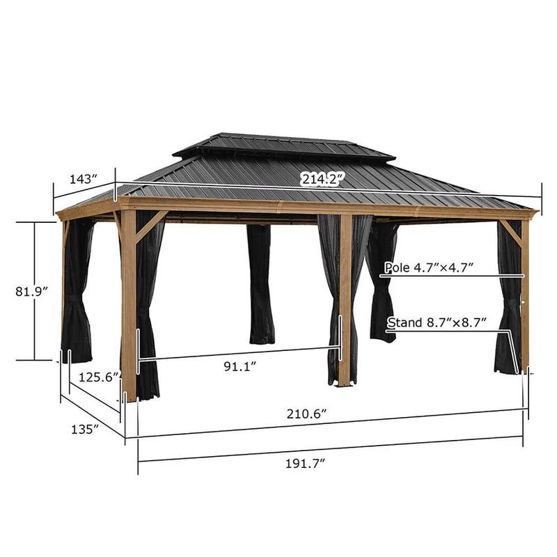 PURPLE LEAF 12' x 18' Hardtop Gazebo For Patio | Galvanized Steel Wood Grain Frame With Netting