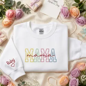 Embroidered Mama Varsity Sweatshirt, Colorful Outline Lettering, Custom Name Sleeve, Personalized Mom Gift, Mother’s Day Gift, Trendy Mama Crewneck, Family Name Sweatshirt, Cute Mom Life Outfit