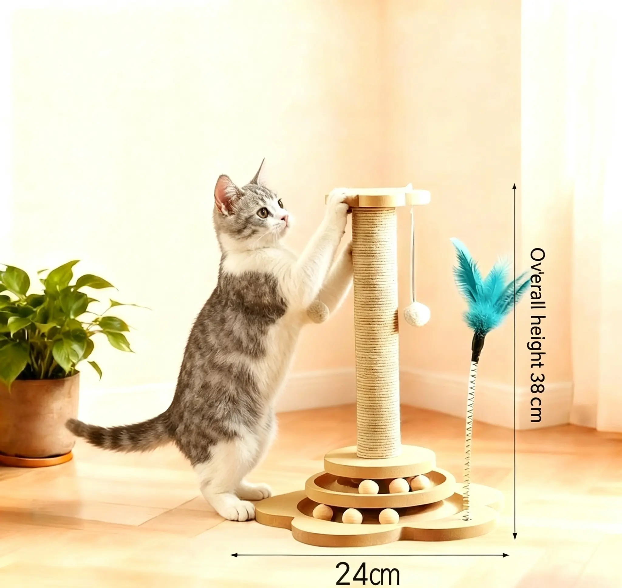 Flower Base Cat Scratching Post, Natural Sisal Cat Scratch Tower with Hanging Pom-pom & Feather Toys, Multi-layer Track Ball Game for Indoor Kitten & Small Cats, Durable No Shedding Sisal Rope