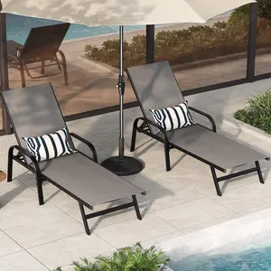 Outdoor Lounge Chair, Adjustable Patio Reclining Chaise with Textilene Fabric, Pool Lounge Chair with 5-Position Backrest for Patio, Garden, Poolside & Balcony,Grey Set of 2