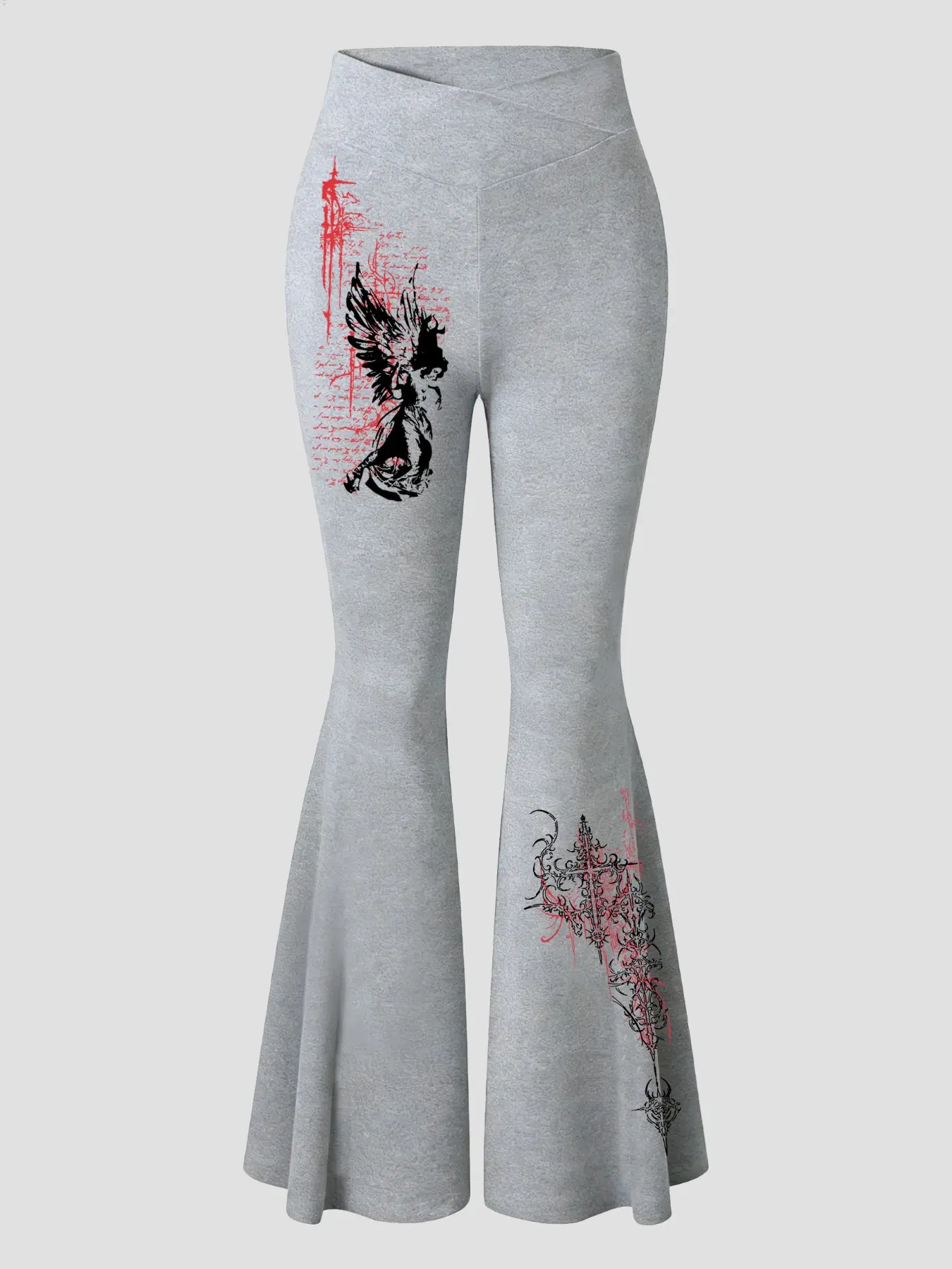 Women's leggings, crossover waistband, flared pants, Casual Trendy Versatile, Casual Fashion Pants, gothic pattern, comfortable fit, suitable for all seasons, women's everyday bottoms, versatile and easy to match