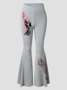 Women's leggings, crossover waistband, flared pants, Casual Fashion Pants, casual fitted pants, casual streetwear pants, gothic pattern, comfortable fit, suitable for all seasons, stylish women's everyday bottoms, versatile and easy to match