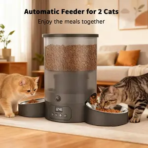 Automatic Pet Feeder for Two Cats, 3L Cat Food Dispenser with Stainless Steel Bowls,Button setting, Timed cat feeder programmable 1-10 meals, Bilateral simultaneous feeding, Dual Power Supply,Desiccant box,10s Meal Call，Play the meal call 6 times at most