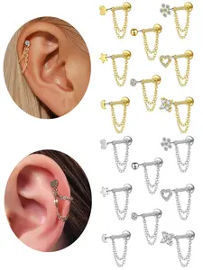 8 Pcs Flat Back Earrings with Chain, Push in Stud Earrings for Women Men Stainless Steel 16G Tragus Helix Piercing Jewelry Earrings Threadless Cartilage Earrings, Flat Pierced Jewelry