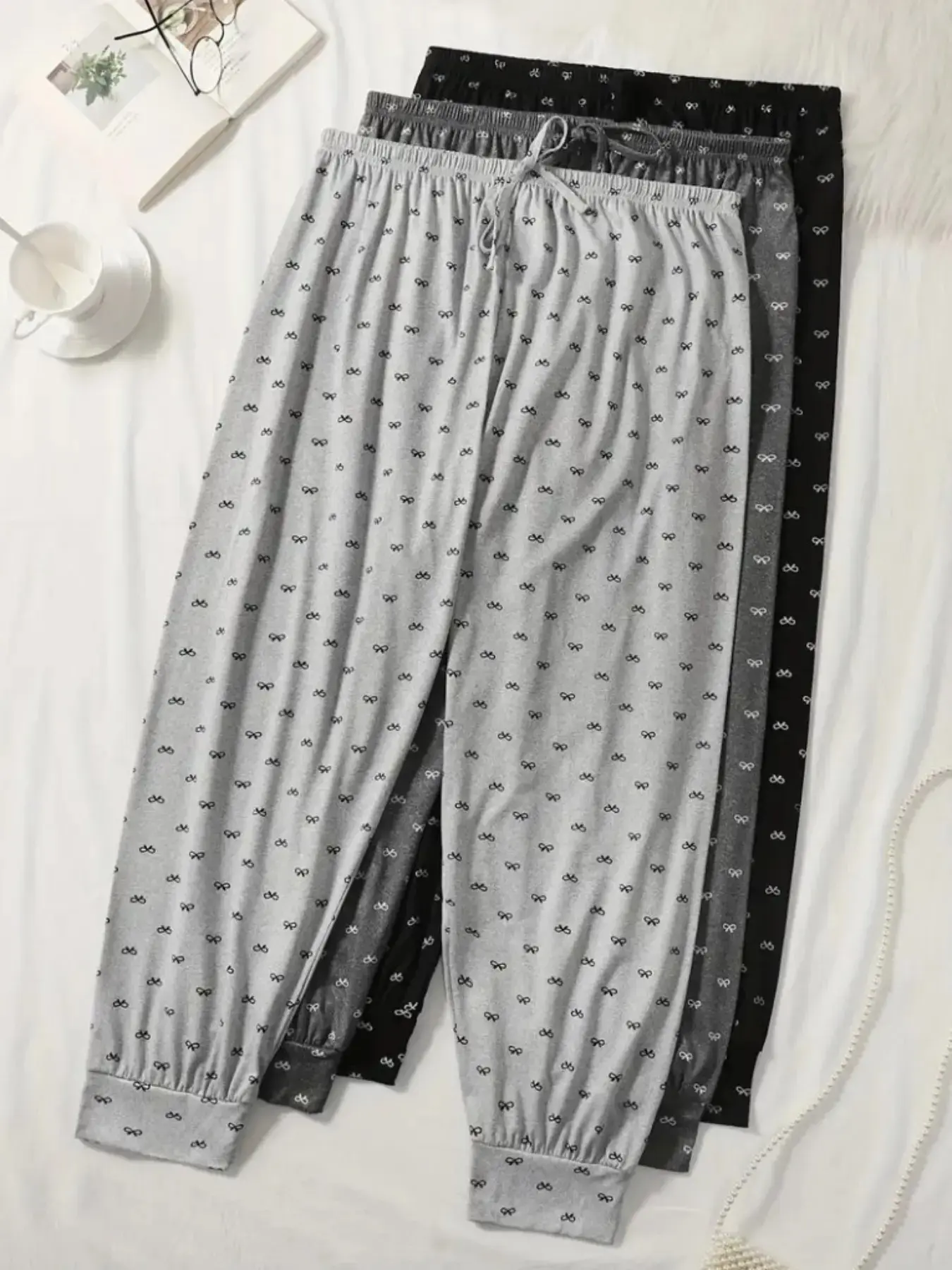 Women's Plus Size Bow Print Sleep Pants Set, Comfortable Skin-Friendly Home Sleeping Wear, Lightweight Sleepwear, 3-Piece Long Lounge Bottoms Loungewear Pajama Nightwear, Pyjamas, Ladies Loungewear