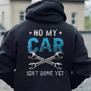 Women's Classic Casual Cotton Pullover Hoodie Clothes - Traditional Fabric, Funny Mechanic Garage Wrench Graphic, "No My Car Isn’t Done Yet" Top for Car Enthusiasts with Comfortable Fit