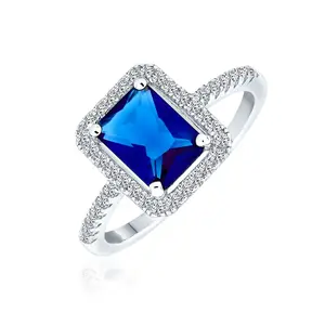 Art Deco Style Emerald Cut Engagement Ring Blue Sapphire CZ Wedding Ring Set