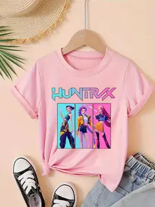 Girls Kpop Demon Hunters Short Sleeve T-Shirt, Huntrix Member 3D Gradient Fashion Print, Casual Round Neck Summer Top, Cute Girls Tee, Graphic Print Tee