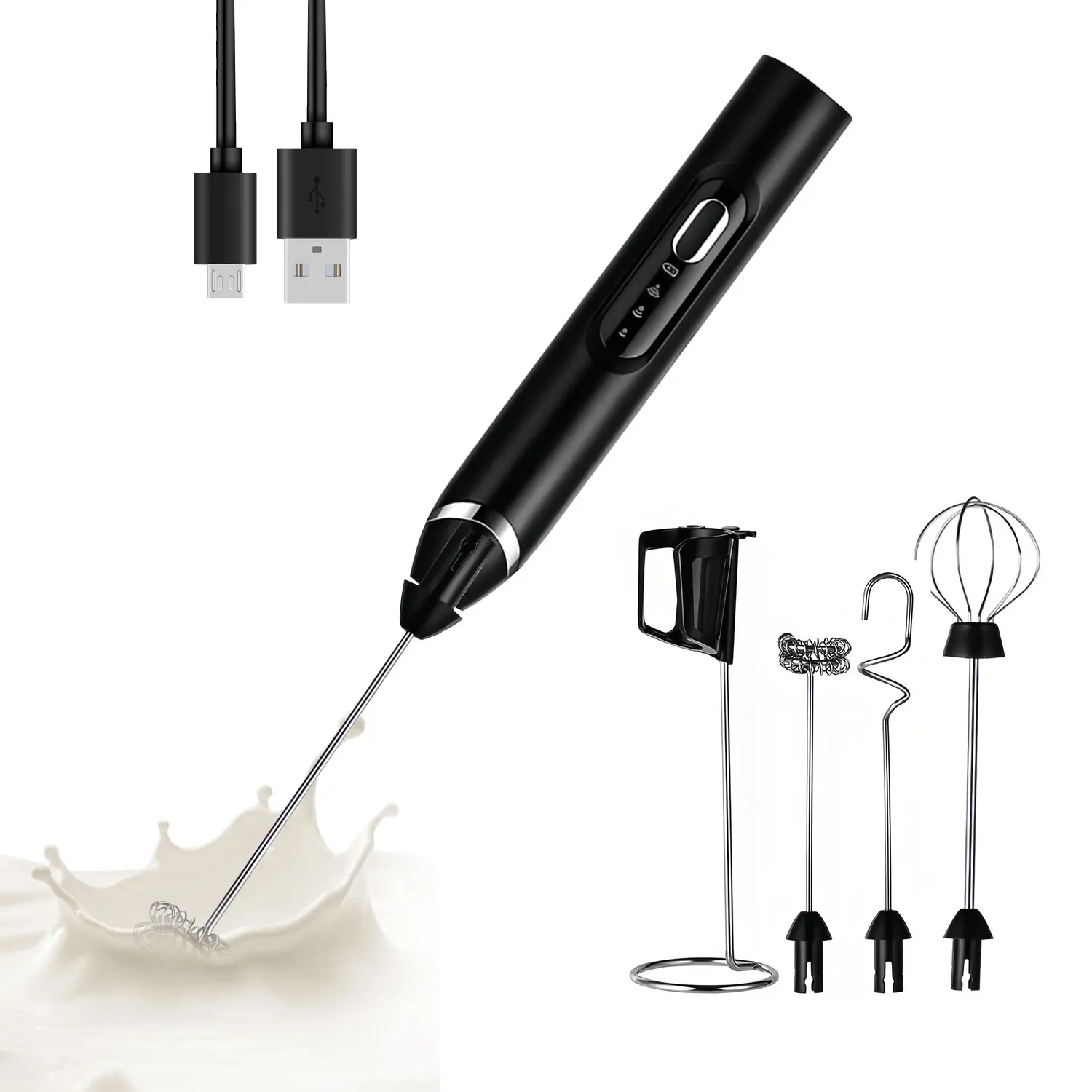 USB Rechargeable Electric Milk Frother Handheld – 3-Speed Drink Mixer with 4 Stainless Steel Whisks for Coffee, Latte, Matcha, Protein Shakes & More