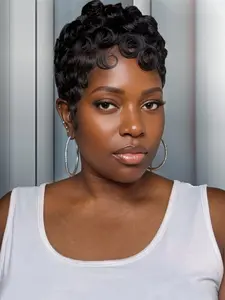 short brown burgundy  natural black color curly pixie wig 150% Denisty pixie cut human hair kinky curly wigs for women daily party cosplay use wig machine made Human Afro Wig