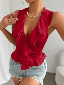 Women's Plain Frill Trim Tie Shoulder Cami Top, Elegant Fashion Casual Fitted Sleeveless Top for Daily Outdoor Wear, Women Top Clothes for Summer, Womenswear, Sleeveless Crop Tops