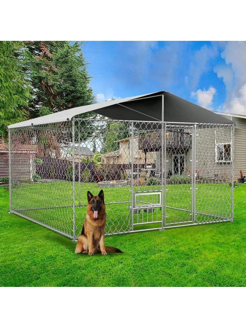 Gaomon Enclosed Rainproof Roof Kennel Cage - 10x10x7FT Galvanized Iron Heavy-Duty Wire Metal Structure, Rotating Feeding Doors, Bowl Holder, Stainless Steel Bowls, DIY Setup Large Outdoor Shelter (Ships in 2 Boxes)
