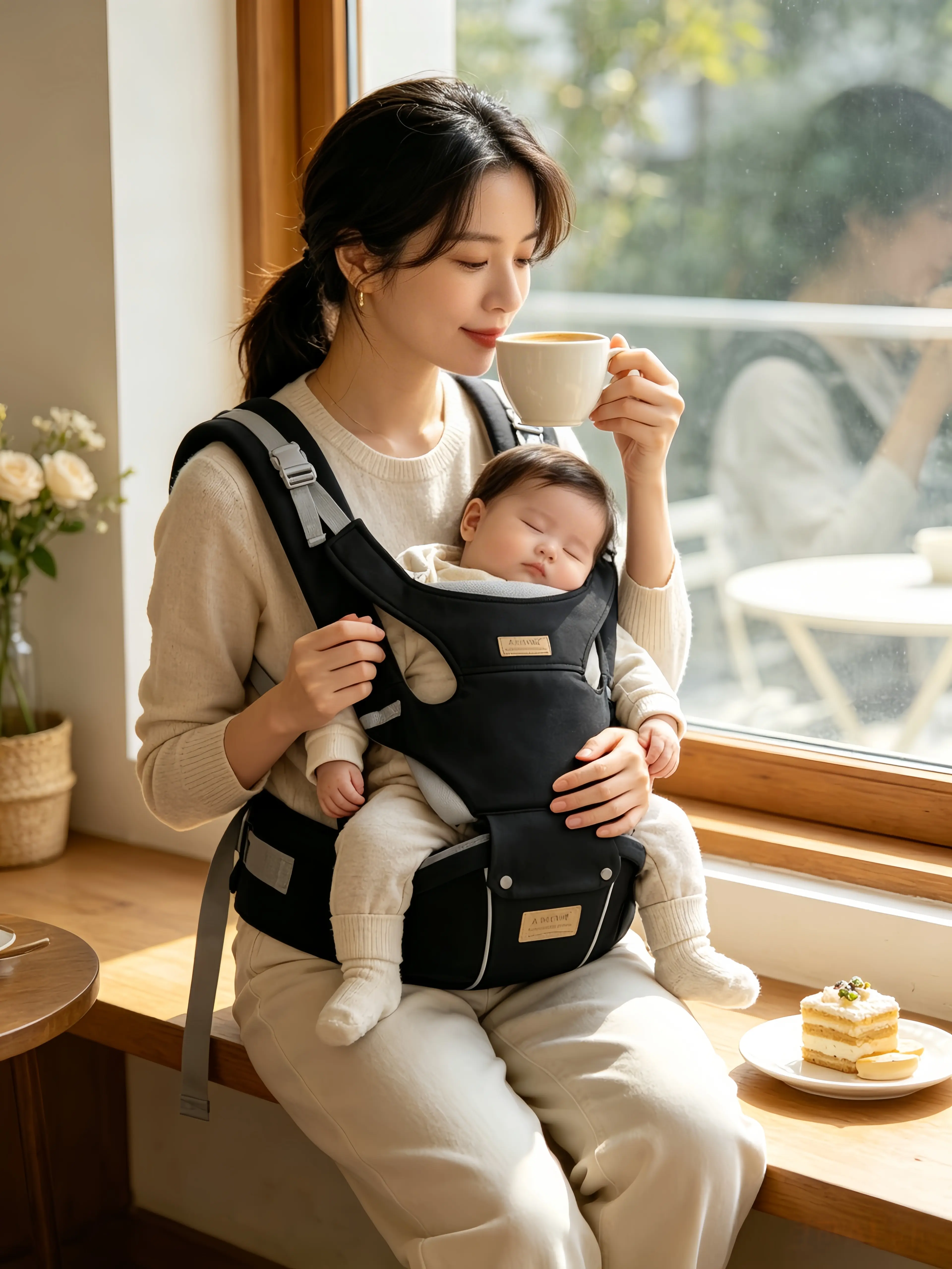 Polyester Heavy-Duty Waist Stool Baby Carrier, Unisex Adjustable Multi-Functional Ergonomic Newborn-Friendly Gear, Hands-Free Hip Support with Lightweight Velcro Fit for On-the-Go Parents, Logo Print Design