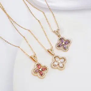 Elegant Clover Pendant Necklace – Red, Purple & Clear Crystal Options – Dainty Gold Plated Jewelry Gift for Her Zirconia Chain