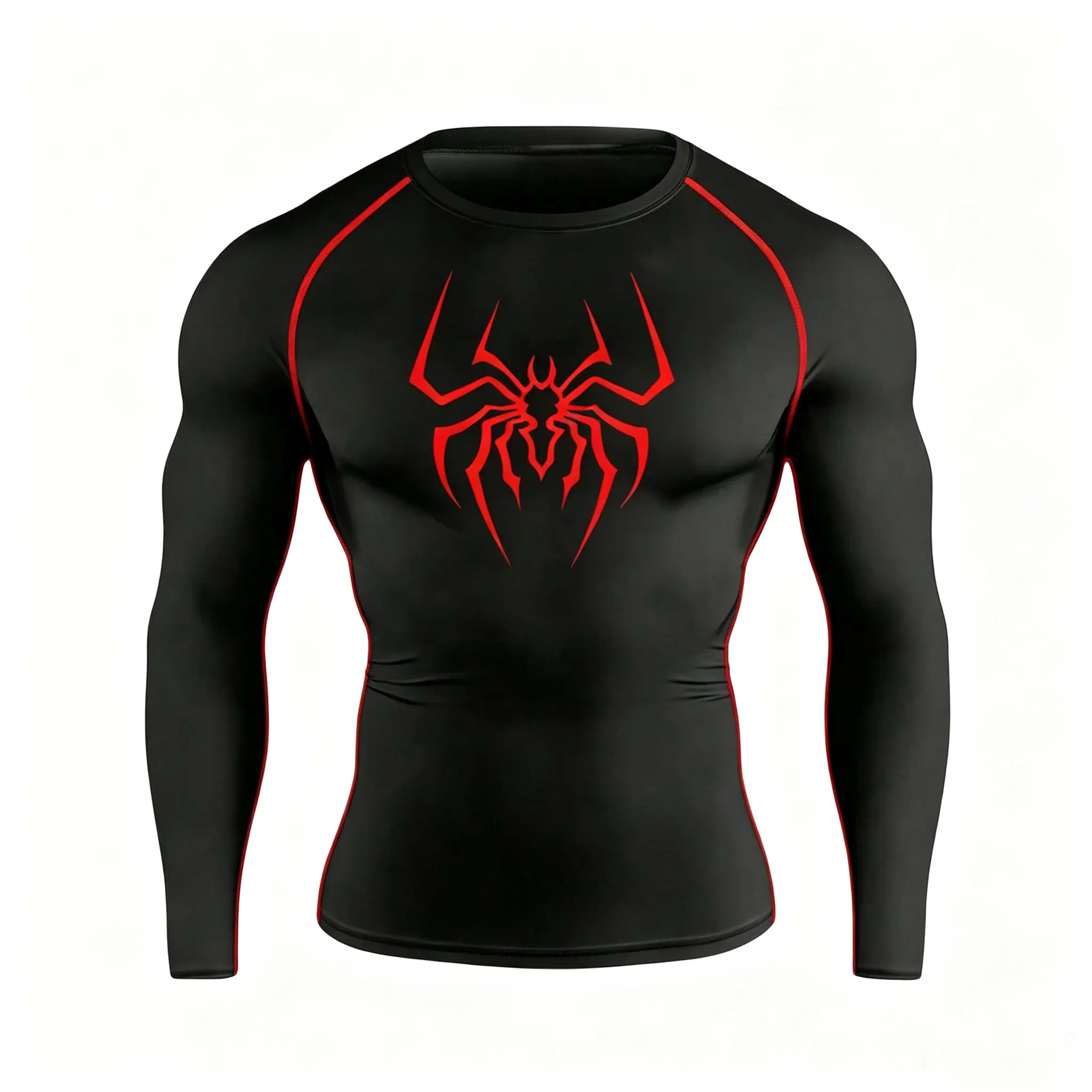 Men's Long Sleeve Tight-Fit Compression T-Shirt: Stretch Fabric (high elasticity, unrestricted movement). Black with red trim. Ideal for workouts/gym. Comfortable, flexible athletic top – perfect for active men seeking style & performance.