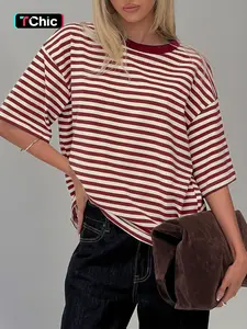 Red White Striped T Shirt Horizontal Stripe Tee Oversized T Shirt Women Loose Fit Striped Top Boyfriend Style Tee Drop Shoulder T Shirt Half Sleeve Tee Crewneck Stripe T Shirt Ringer T Shirt Contrast Trim Tee Casual Streetwear Top Vintage Stripe T Shirt