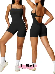 Women's Solid Square Neck Sports Romper, Casual Comfy Breathable Sleeveless Bodycon Romper for Yoga Gym Workout, Ladies Sportswear for All Seasons Sleeveless Leotard