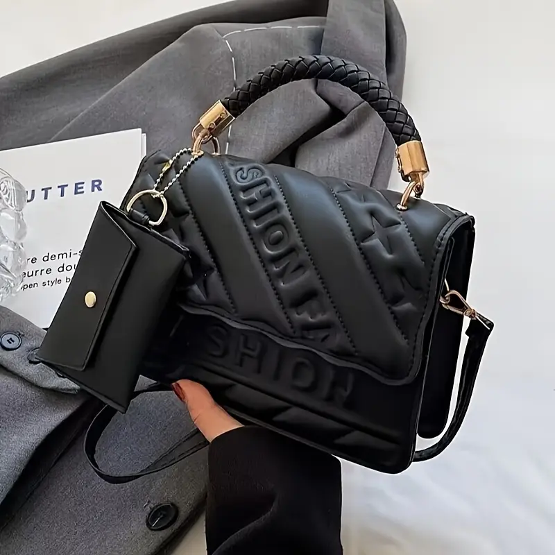 Women's Quilted Crossbody Handbag with Braid-Wrapped Handle, Adjustable Strap, Mini Coin Pouch, and Magnetic Flap Closure, Buckleless Women's Handbags, Braid-Wrapped Women's Handbags